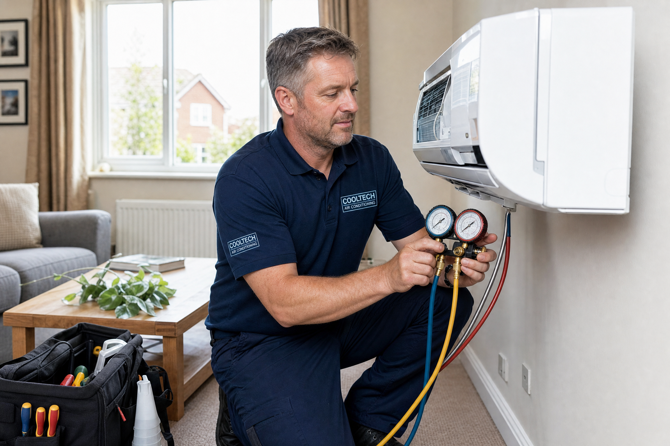 Professional air conditioning repair engineer in UK home