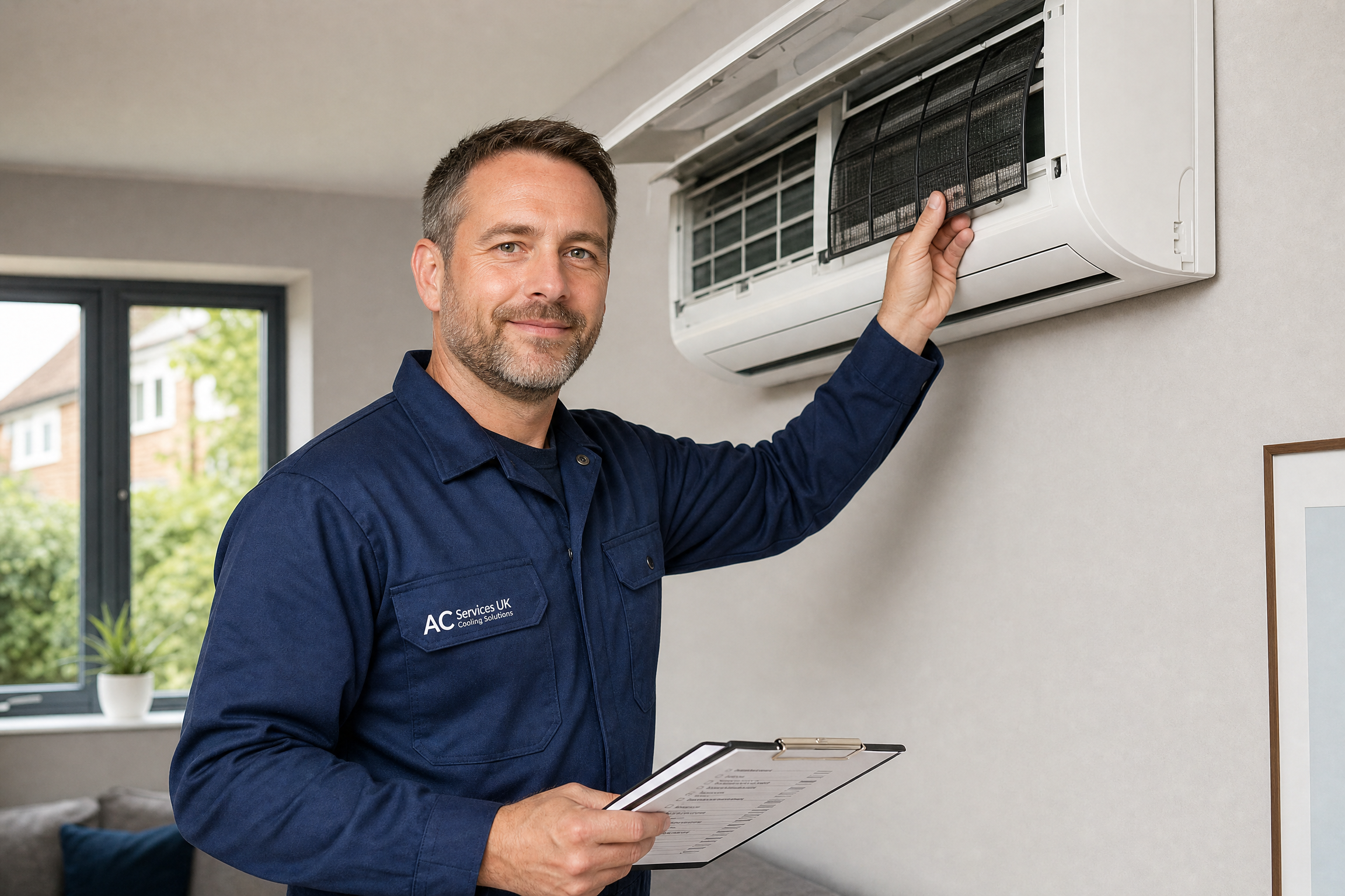 Professional air conditioning service engineer in UK home