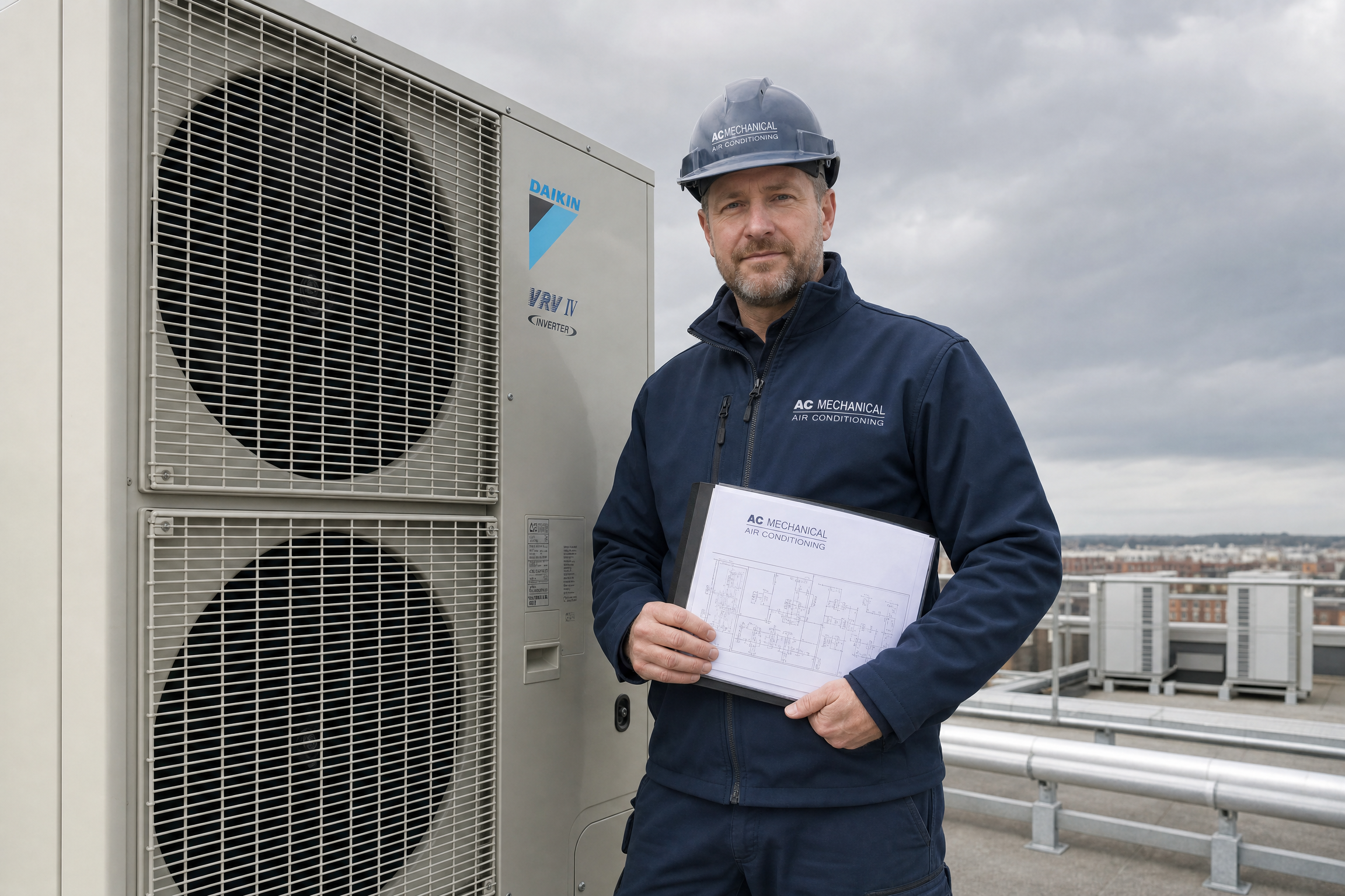 VRF air conditioning installation engineer on UK commercial rooftop